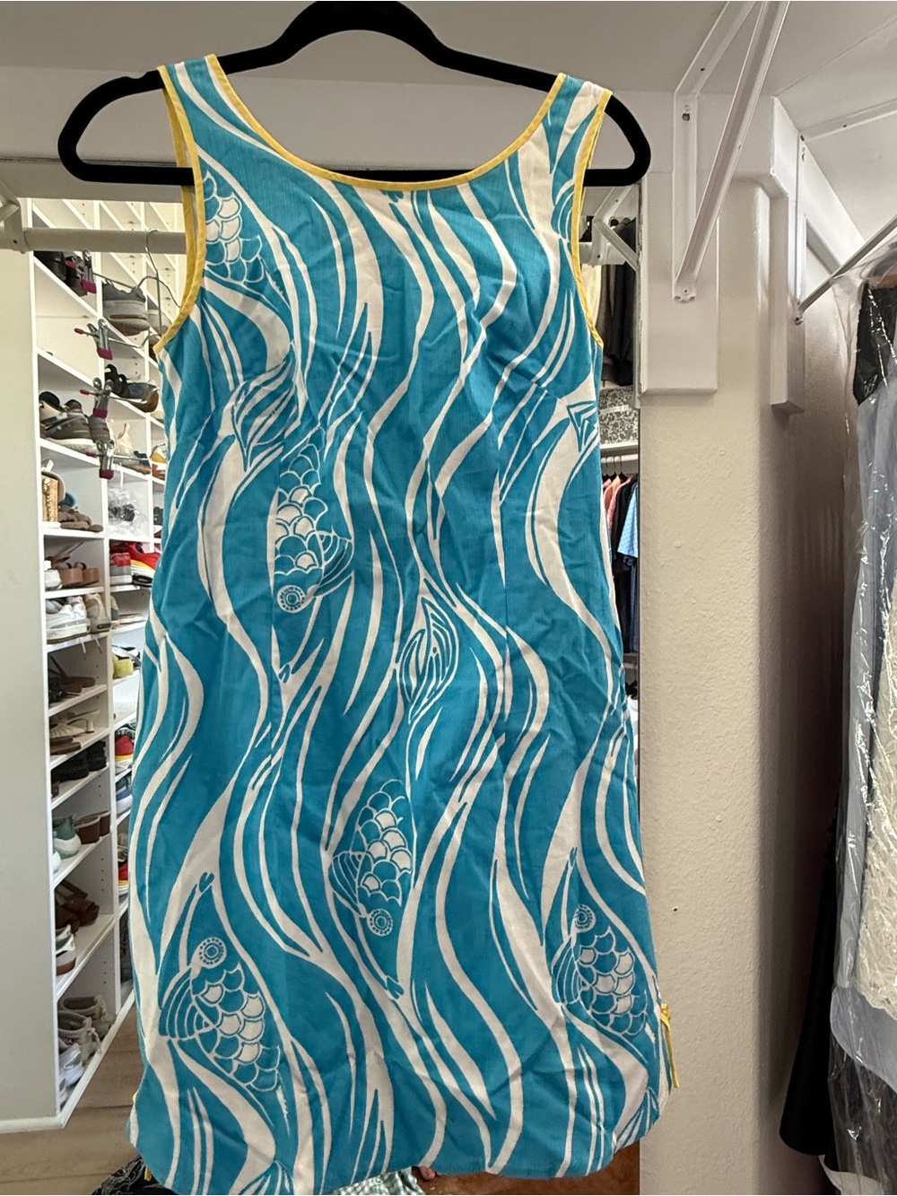 Lilly Pulitzer Turquoise & White Fish-Print Mini Dress with Yellow Trim